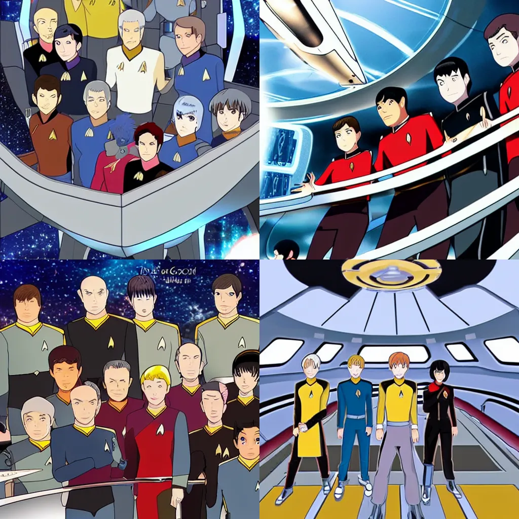 Prompt: Star Trek crew on the bridge of the Enterprise in anime style