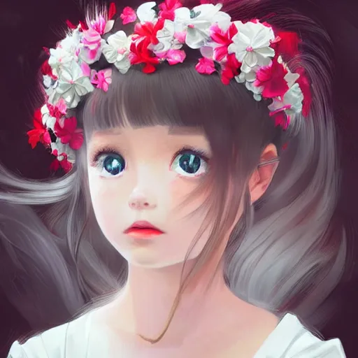 Prompt: little girl with flowers in hair wearing an white dress. black, red, white and pink color palette. art by ilya kuvshinov, profile picture, inspired in hirohiko araki, realistic, highly detailed, 8 0 s anime art style