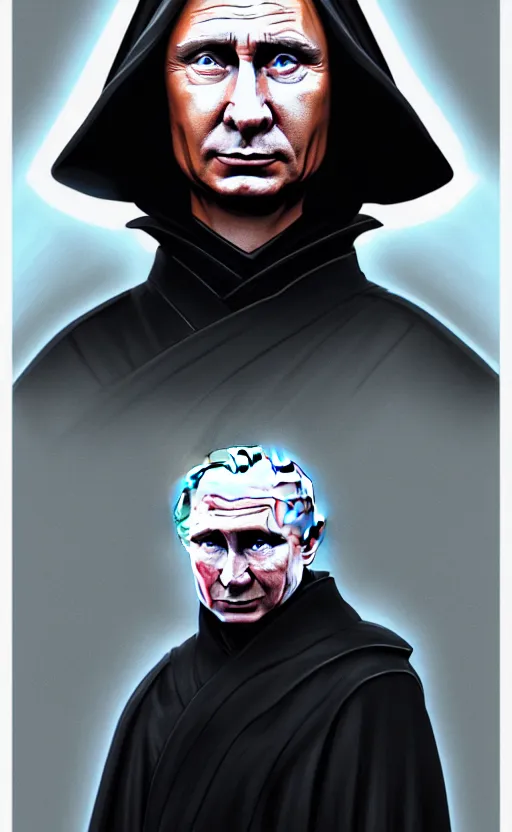 Image similar to wideangle!! comic style portrait shot of vladimir putin as emperor palpatine in the star wars, intricate, elegant, highly detailed, digital painting, artstation, concept art, illustration,