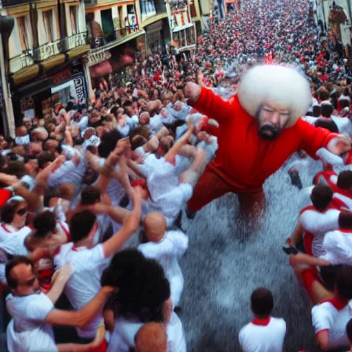 Image similar to giant screaming bob ross running from the bulls in pamplona spain