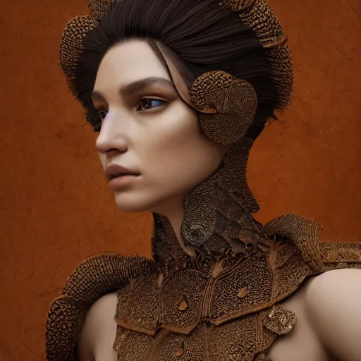 Image similar to a regal brown woman wearing an intricate and detailed armor made of ocean waves. layers. textures. delicate. elaborate. translucent. soft. ethereal. fragile. vulnerable. studio portrait. photorealistic. octane render