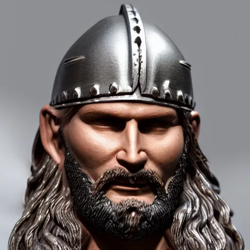 Image similar to of a 3d clay model of a viking from valhalla, wearing the horned helmet ultra fine detail, hair strands, ultra high resolution, fine texture detail, miniature painting techniques, perfect proportions, marvel cinematic universe, eric bana