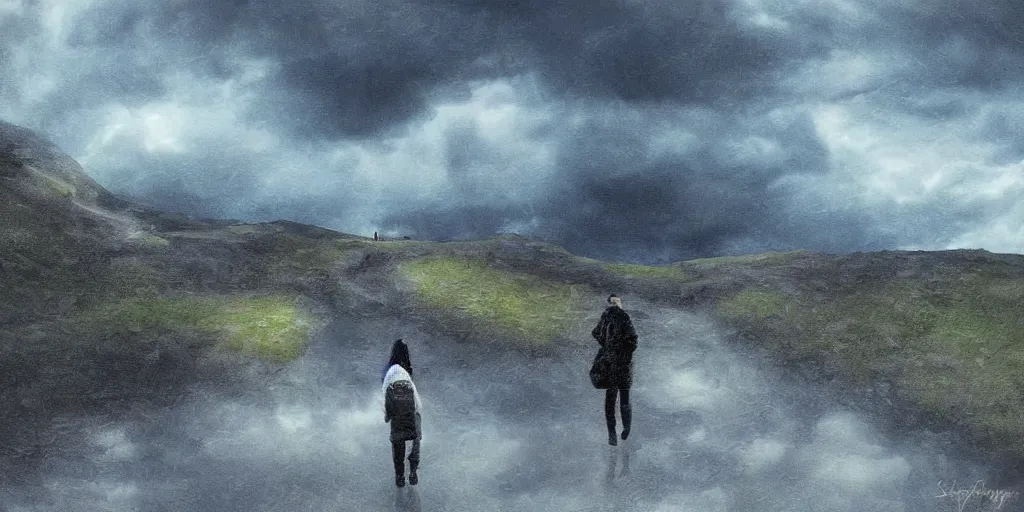 Image similar to school on the hill, walking on a mountain, surreal photography, blue and grey storm clouds, dramatic light, impressionist painting, digital painting, art station, simon starnhager