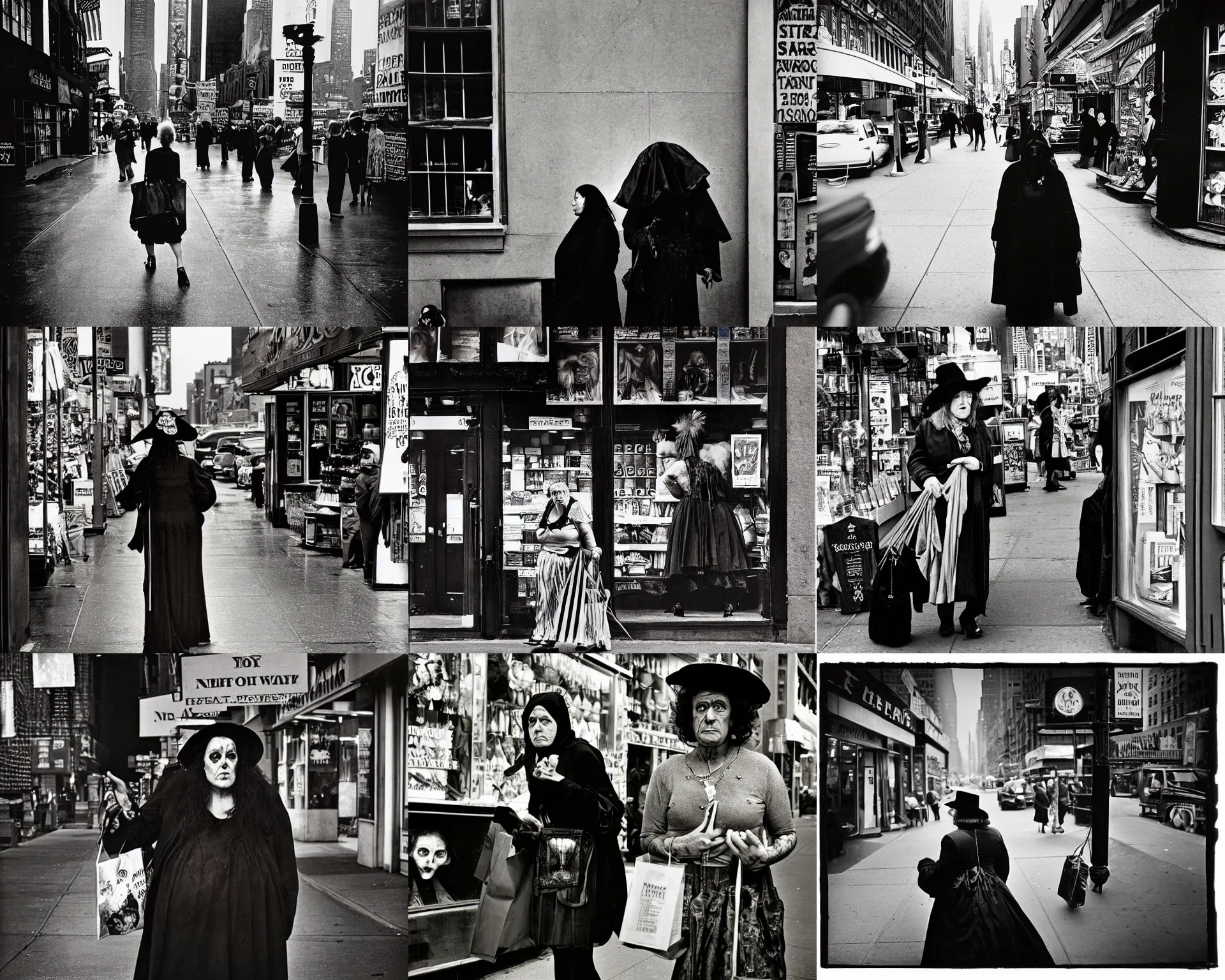 Prompt: dramatic full portrait photo of a beautiful female witch shopping in a new york street, detailed and creepy, by bruce gilden, by annie leibovitz, by diane arbus, color photography, sigma 2 8 mm