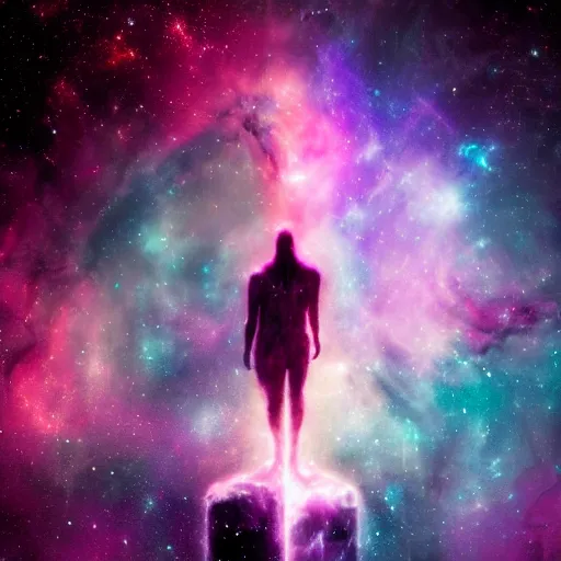 Image similar to a towering godlike apparition in the shape of a human, made of smoke and fog, backlit by pink, purple, red, blue neon lighting, nebulas, backround of stars and galaxies