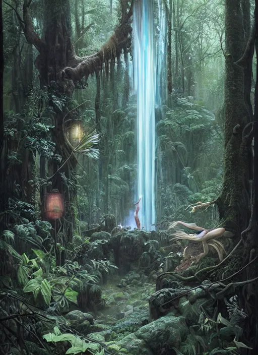 Image similar to a hyper realistic architectural witch shrine under a waterfall in the woods, gorgeous lighting, lush forest foliage, painting by chiara bautista and tom bagshaw, muca beksinski and norman rockwell and greg rutkowski weta studio, and lucasfilm