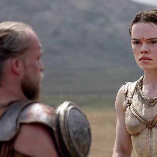 Image similar to film still of daisy ridley in gladiator, angry face, depth of field, mid full shot