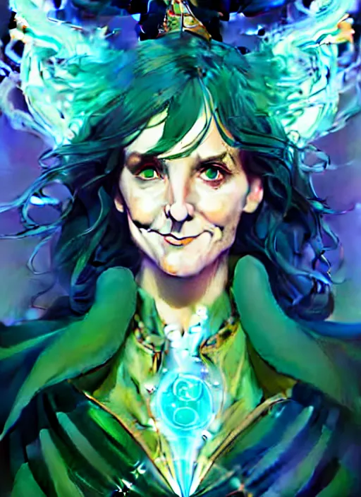 Image similar to style artgerm, joshua middleton, illustration, tina fey as a high priestess wearing green pelt light armor, anime eyes, blue hair, swirling water cosmos, fantasy, dnd, cinematic lighting