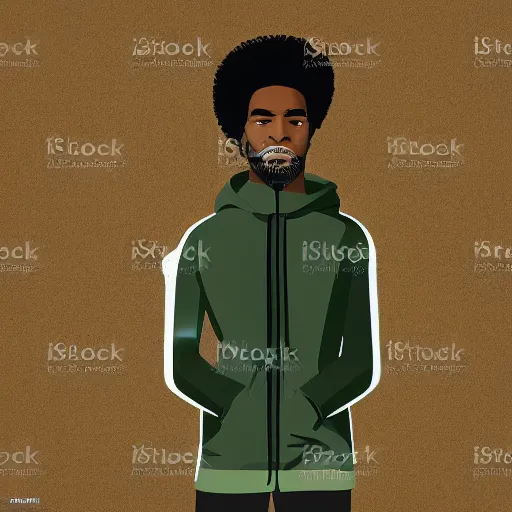 Prompt: vector art of a black man with afro hair and raspy bear stubble, wearing an army green adidas jacket, high quality, minimalist