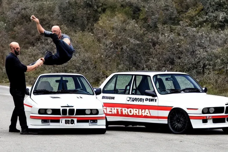 Image similar to Angry Jason Statham picks up BMW e30