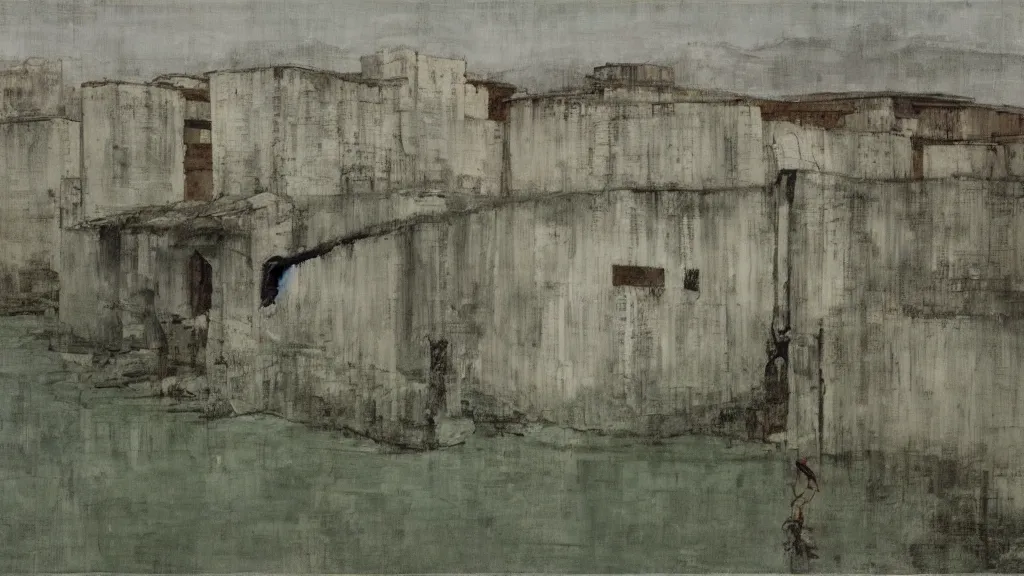 Image similar to a chinese prison near a river by peter doig, muted colors