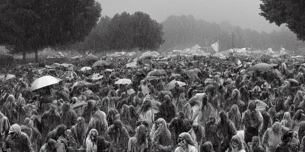 Prompt: magnificent picture of 1969 Woodstock, CCR playing in the rain, Hippie, high detail, digital art, artstation, smooth, sharp