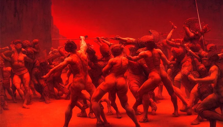 Image similar to only with red, gladiator battle in a crowded roman amphitheatre, crowd cheering, in the style of beksinski and edward hopper and rodcenko and yue minjun and cory loftis, intricate and epic composition, red by caravaggio, highly detailed, masterpiece, red light, artstation, art nouveau