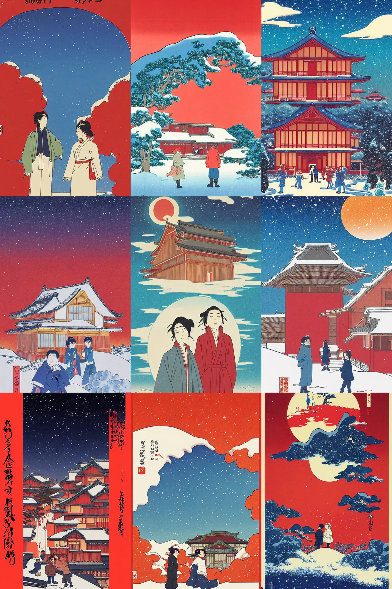 Prompt: a movie poster featuring a couple of people standing in front of a snow - covered house. sky is red, beautiful sharp tall fluffy clouds, golden hour. a poster by studio ghibli, ukiyo - e, official art, anime key visual