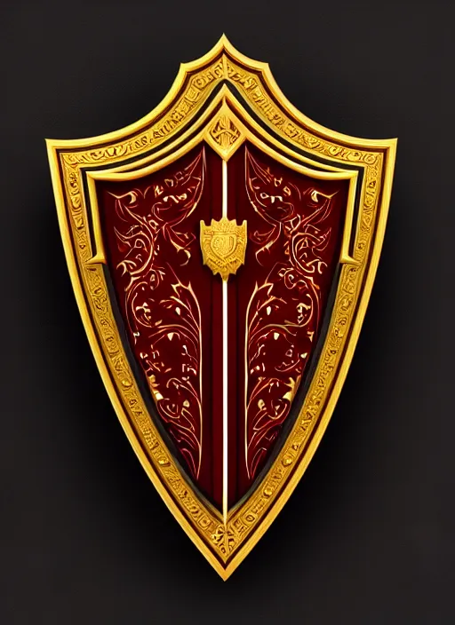 Image similar to black background, a beautiful symmetrical wooden shield decorated with gold, ivory and dark red, front facing view, mirrored, ornamental art, octane render, royal shield