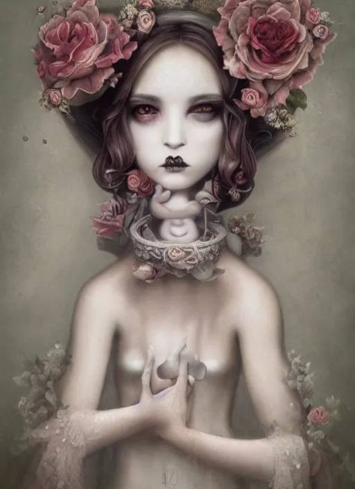 Image similar to pop surrealism, lowbrow art, realistic cute bride ghost girl painting, japanese street fashion, hyper realism, muted colours, rococo, natalie shau, loreta lux, tom bagshaw, mark ryden, trevor brown style,