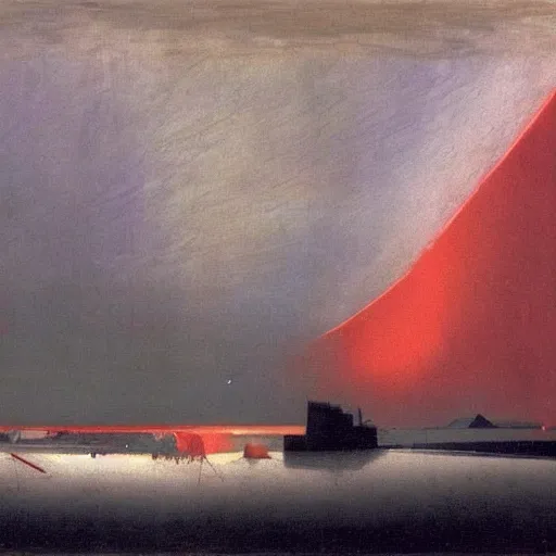 Prompt: the epic abstract painting'blue arctic void with black and red aurora borealis above a tiny inuit village ', by caspar david friedrich!!!, by rothko!!!, stunning masterpiece, trending on artstation