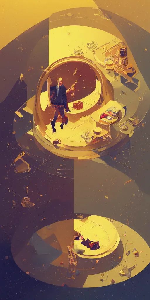 Image similar to highly detailed portrait of a semicircular bounded space surrounded with golden and blue magic powder, ultra wide angle, finer details, by victo ngai and greg rutkowski, trending on artstation.