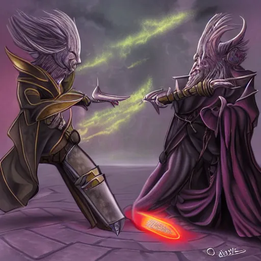 Image similar to the dark Lord having a battle with his master the grand sorcer, Digital art