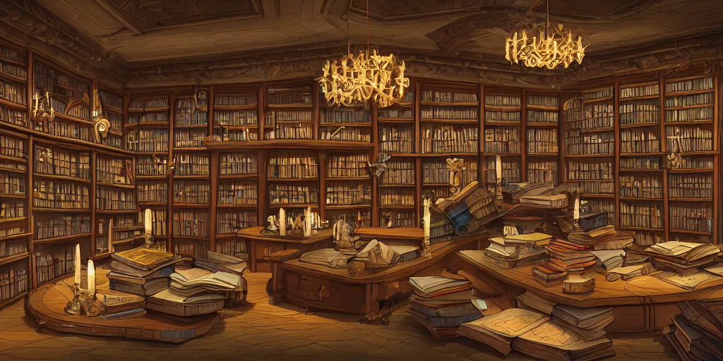 Prompt: vast library, bookshelves, wooden banks, wooden tables, mosaic stone floor, passages, wizard rats in wizard clothing, cel shading, 3 d art, 3 d cg, digital painting, celestial, majestic, cinematic light, candles, chandelier, lanterns, soft light