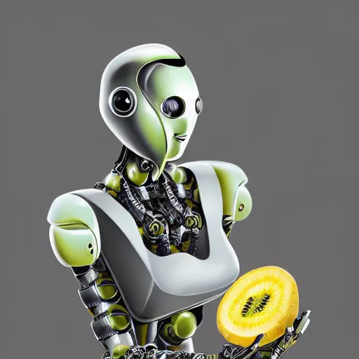 Prompt: a futuristic robot savouring a golden kiwi, ecstatic, uplifting, euphoric, detailed, 8 k, trending on artstation, award - winning art