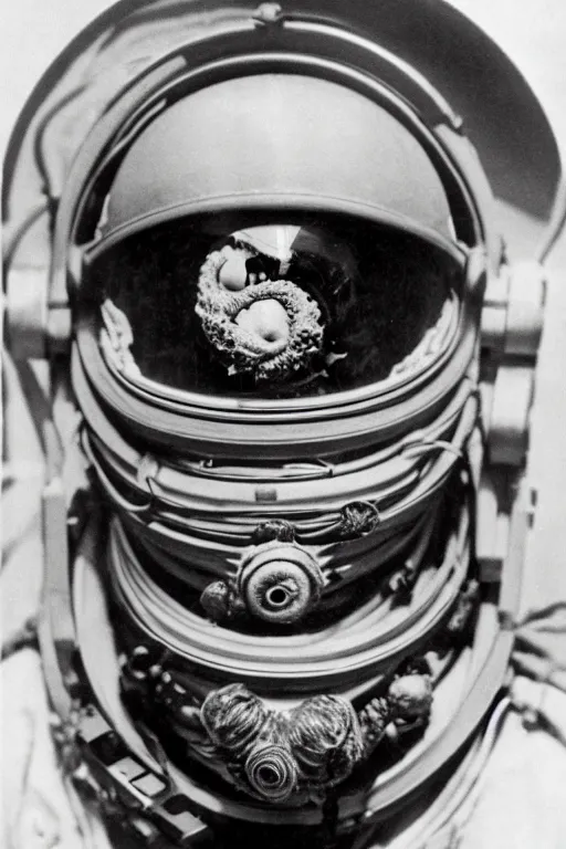 Prompt: extremely detailed studio portrait of space astronaut, alien tentacle protruding from eyes and mouth, slimy tentacle breaking through helmet visor, shattered visor, helmet is off, full body, soft light, disturbing, shocking news, award winning photo by james van der zee