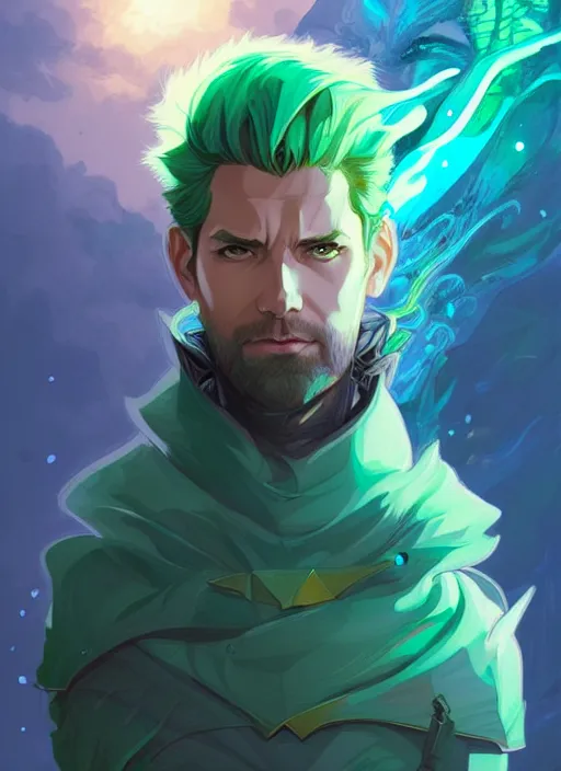 Prompt: style artgerm, joshua middleton, illustration, john krasinski as rune knight wearing green pelt light armor, anime eyes, blue hair, swirling water cosmos, fantasy, dnd, cinematic lighting