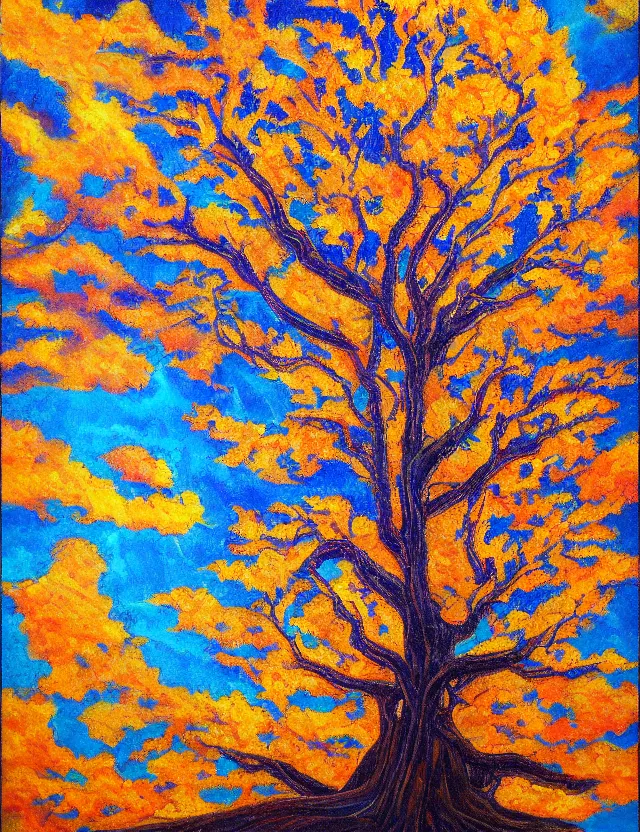 Image similar to tree of knowledge erudite gnostic wisdom, golden boughs and roots, celestial skies and lambent clouds, oil painting award winning, chromatic aberration bright colors