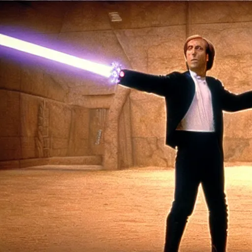 Image similar to A still of Saul Goodman in Star Wars: A New Hope, holding an activated lightsaber, wearing a suit