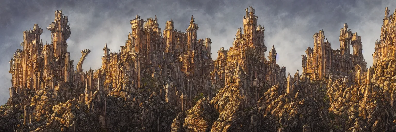 Prompt: city of king's landing by rodney matthews, duncan fegredo and greg rutkowski, complex stonework, ramparts, bulwarks, granite architecture, art nouveau ironwork and engraving, huge towering castle, at midnight