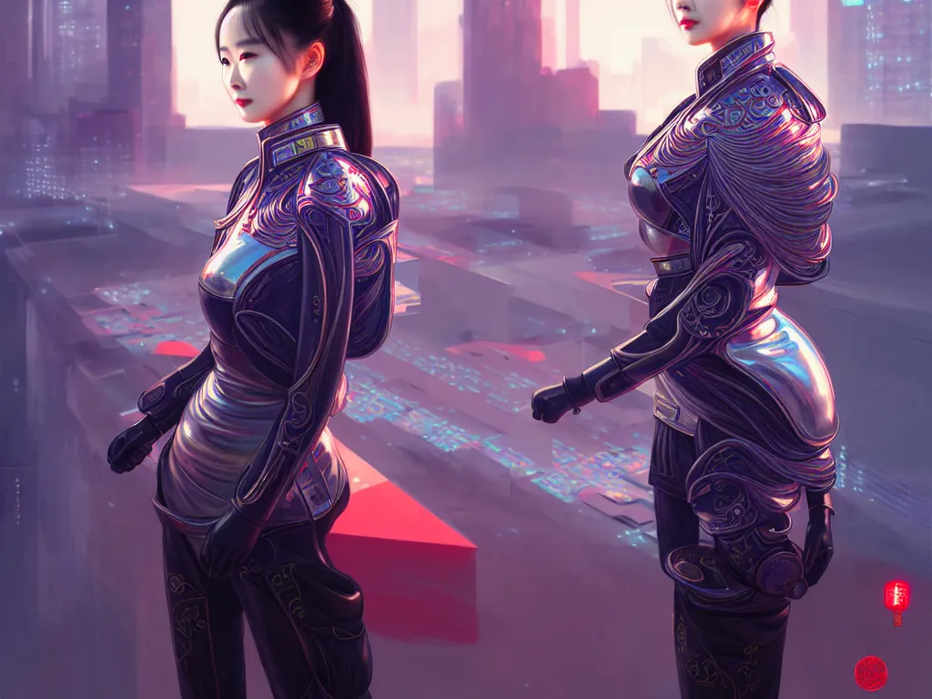 Prompt: portrait yang mi, futuristic china police uniform female, at future neon light rooftop, ssci - fi and fantasy, intricate and very very beautiful and elegant, highly detailed, digital painting, artstation, concept art, smooth and sharp focus, illustration, art by tan zi and ayanamikodon and alphonse mucha and wlop