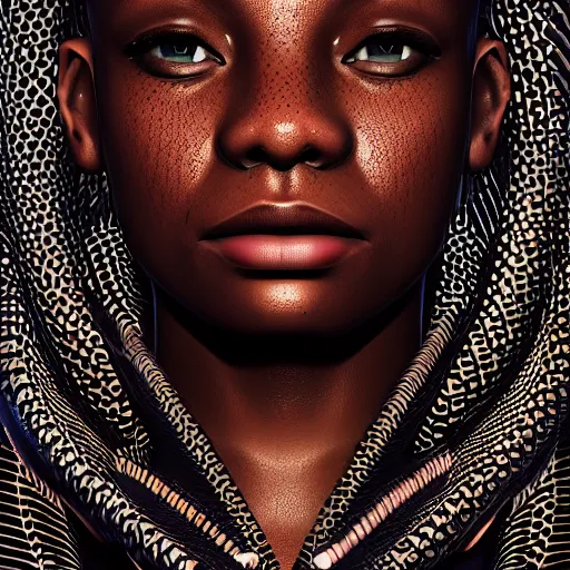 Image similar to : black human with maze pattern skin all over hyper detailed art station  dalle2 unity contest winners unrealengine trending on artstation,cinematic, hyper realism, high detail, octane render, 8k