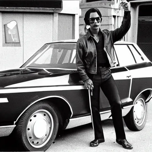 Prompt: detective in leather jacket next to car, pointing a pistol, in 1970s Los Angeles street, photograph