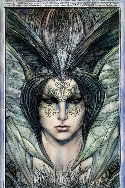 Prompt: dark fairy handsome male face closeup surrounded by a circular frame of bat wings, art by luis royo and walter crane and kay nielsen, watercolor illustration, ultra sharp focus