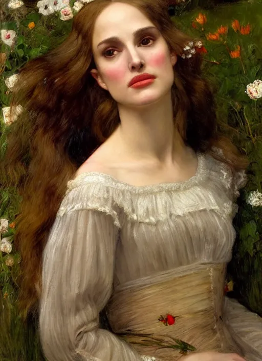 Prompt: a beautiful painting of natalie portman by John Everett Millais and Dante Gabriel Rossetti and John Collier and john william waterhouse, pre-raphaelite, detailed, trending on artstation, hd, masterpiece