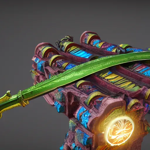 Image similar to a mythic legendary detailed multicolor sword, octane render, unreal engine, 3D, 8K, as coherent as Dall-E 2