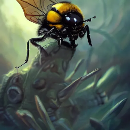 Image similar to cute little anthropomorphic Bumblebee insect with human ears, cute and adorable, pretty, beautiful, DnD character art portrait, matte fantasy painting, DeviantArt Artstation, by Jason Felix by Steve Argyle by Tyler Jacobson by Peter Mohrbacher, cinema