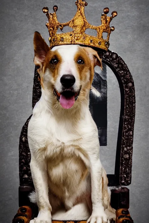 Image similar to a dog sitting on a throne with a crown on its head, professional photography