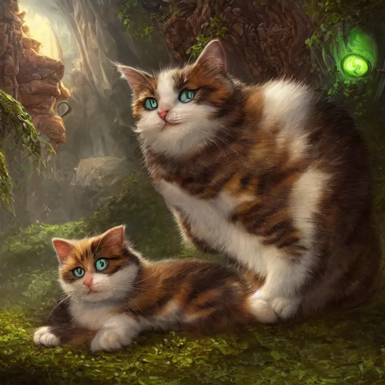 Prompt: cute chubby calico cat with large green eyes and by Justin Gerard, fantasy art, 4k