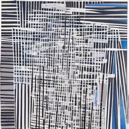 Image similar to a geometric painting in the style of Pierre Soulages which is aligned to an invisible square grid, varied line width and value, simple geometric shapes of varied size, monochromatic with pops of pastel tones