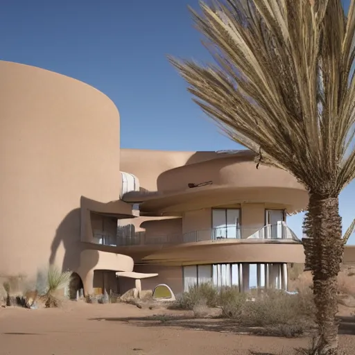 Prompt: big scale babyschema hotel in the dessert, modernism