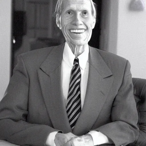 Image similar to A photograph portrait of old Jerma985 in his eighties who looks like Jerma985 wearing a suit in the 1990s, taken in the early 1990s, grainy, taken on a 1990s Camera, realistic, hyperrealistic, very realistic, highly detailed, very detailed, extremely detailed, detailed, digital art, trending on artstation