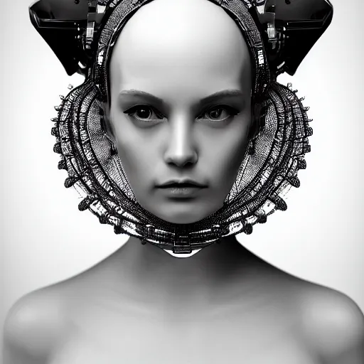 Image similar to closeup portrait of an absurdly beautiful, graceful, sophisticated, fashionable cyberpunk mechanoid gravure idol, an ultrafine hyperdetailed illustration by irakli nadar, matt wisniewski style, fashion photography, intricate linework, porcelain skin, jellyfish headdress, fractal ivory carved ruff, unreal engine 5 highly rendered, global illumination, radiant light, detailed and intricate environment