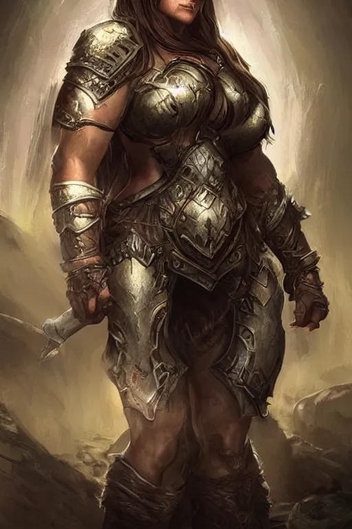 Prompt: Strong female dwarven warrior with short broad build | iron armor | in the caverns | Aleksi Briclot