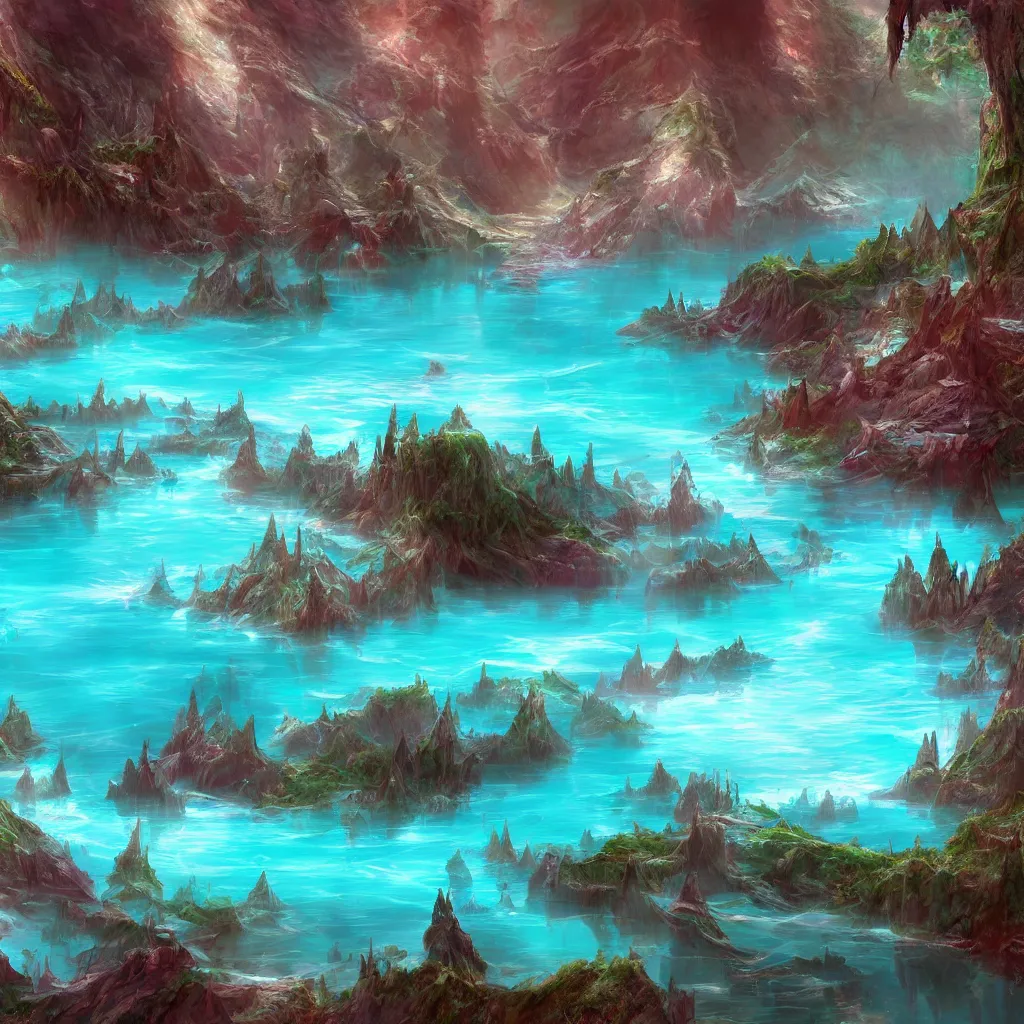 Image similar to crystalline turquoise lake, digital art, concept art, fantasy art, highly detailed, hd wallpaper, hdr, artstation, deviantart, behance