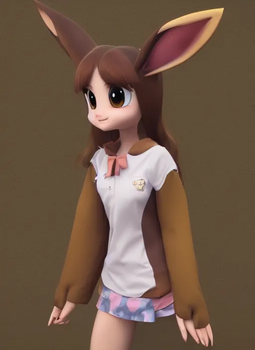 Image similar to female eevee mini cute girl, character adoptable, highly detailed, rendered, ray - tracing, cgi animated, 3 d demo reel avatar, style of maple story and zootopia, maple story eevee trainer, fluffy, dark skin, cool clothes, soft shade, soft lighting, portrait pose