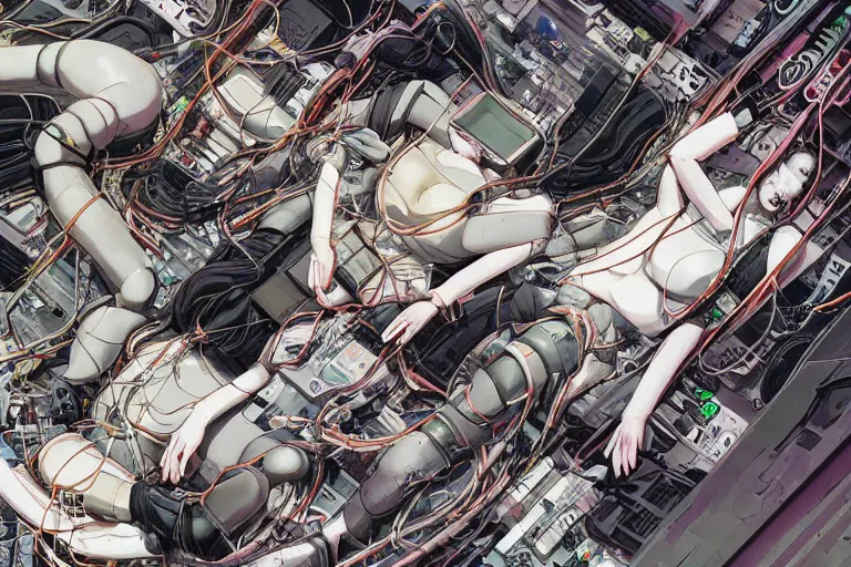 Image similar to a refined cyberpunk illustration of a group of female androids' lying on a white floor with their body parts scattered around and cables and wires coming out, by katsuhiro otomo and masamune shirow, hyper-detailed, colorful, view from above, wide angle, close up