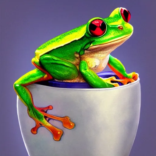 Image similar to long shot of a crazy cute frog baby sitting in a searose cup, by esao andrews, by m. w. kaluta, very humorous illustration, small depth of field, perspective perception, volumetric light, psychedelic colors, 3 d octane render, 8 k, conceptart, hyperdetailed, hyperrealistic, trending on artstation