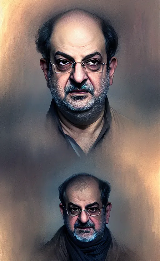 Image similar to portrait of salman rushdie in the dark, deep focus, blade runner 2 0 4 9, fantasy, intricate, elegant, highly detailed, digital painting, artstation, concept art, matte, sharp focus, illustration, art by artgerm and greg rutkowski and alphonse mucha