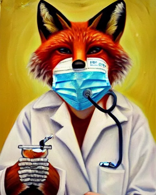 Image similar to oil painting portrait of anthropomorphic female fox animal dressed in labcoat, surgical mask covering mouth, with syringe, fox animal, hospital in background, oil painting,